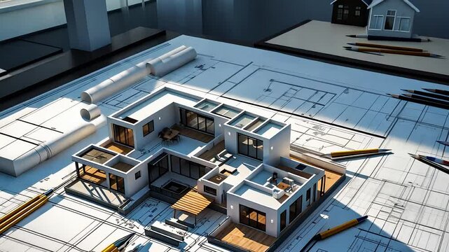 Architectural Blueprint with a Detailed 3D House Model, Drafting Tools, and Construction Plans on a Designer&rsquo;s Desk

