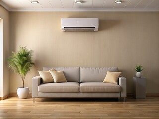 Modern Air Conditioning Unit on Beige Wall in Stylish Living Room with Comfortable Sofa