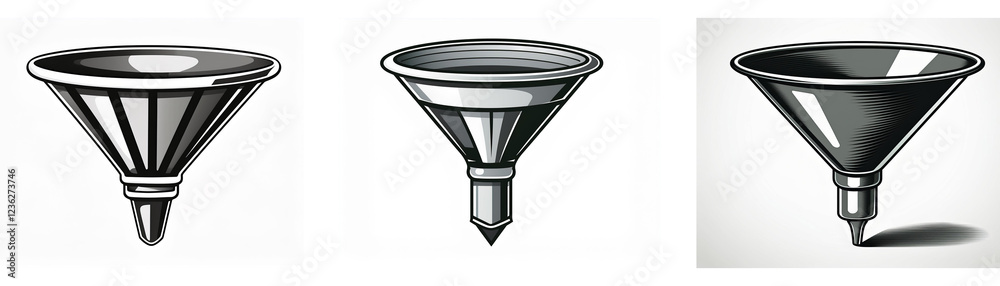 Aufkleber three variations of a kitchen utensil icon: a funnel, shown in different styles. each has a wide top