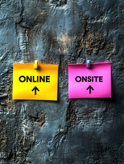 This image contrasts two work modes&mdash;online and onsite&mdash;highlighted by vibrant sticky notes, emphasizing the choices in today&rsquo;s flexible work environment.