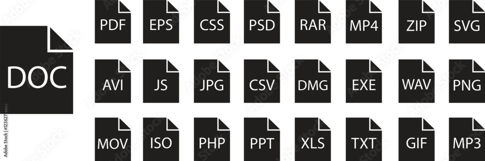Poster file icons set. format of document on computer flat symbols. audio extension graphic multimedia appl