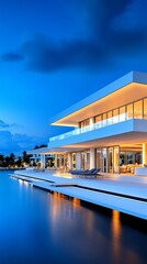 Fototapeta premium Exclusive private yacht club exterior with sleek white facades, water reflections, and ambient luxury lighting