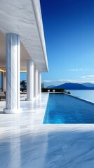 Exclusive resort facade, marble columns, water feature entrance, 3D illustration