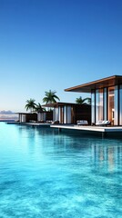Fototapeta premium Floating luxury resort, modern facade design, overwater bungalows, 3D illustration