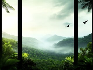 Forest window view, birds and morning mist, 3D illustration