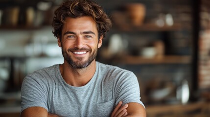 Obraz premium Happy man smiling in a kitchen