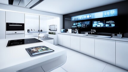 Futuristic kitchen with smart appliances, holographic displays, and voiceactivated controls, cuttingedge design