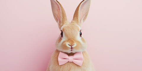 Obraz premium White rabbit wearing bow tie on solid pastel background with confetti. Celebrating Easter.