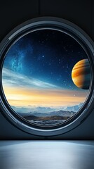 Fototapeta premium Futuristic spaceship window, stars and planets, 3D illustration