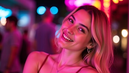 Naklejka premium Woman Smiling Under Neon Lights At Night