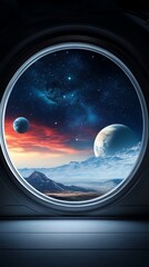 Naklejka premium Futuristic spaceship window, stars and planets, 3D illustration