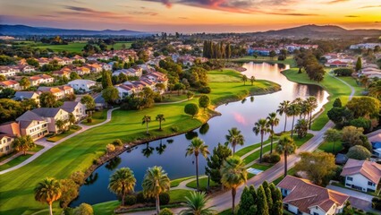 Serene aerial view of houses surrounding a lush golf course in Eastlake Chula Vista at dusk, with palm trees swaying gently in the breeze, tranquil scenery, suburban living