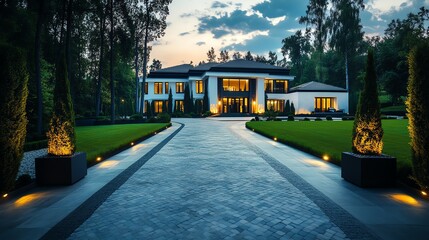 Obraz premium Grand luxury villa entrance with sculpted gates, soft uplighting, and elegant stone pathways