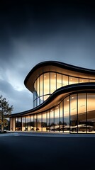 Obraz premium Highend automotive showroom facade with minimalist architecture, curved glass walls, and dramatic spotlights
