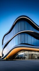 Fototapeta premium Highend corporate headquarters facade with sustainable architecture, reflective glass, and futuristic curves
