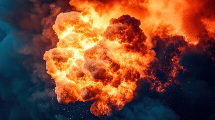 Fiery explosion, night sky, smoke, disaster, energy, dramatic, impact, powerful, illustration, warning