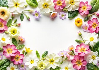 Obraz premium Primrose Flowers Border Frame with Copy Space on White for Spring and Mother's Day