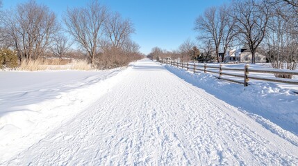 Obraz premium Winter snow trail path, rural landscape, sunny day, outdoor recreation
