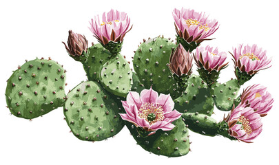 Vibrant pink flowers and earthy green tones in a detailed cactus engraving style, desert plants, sketch art, home decor, botanical illustrations © aura studio