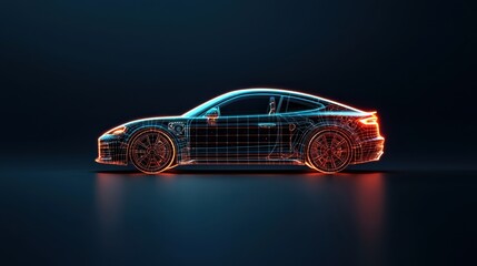 Glowing Neon Electric Vehicle Concept in Abstract Grid Design  Futuristic 3D rendering of an electric car with dynamic orange and blue neon lines
