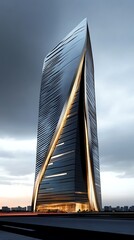 Fototapeta premium Iconic corporate tower with sleek metallic facade, illuminated edges, and reflective glass panels