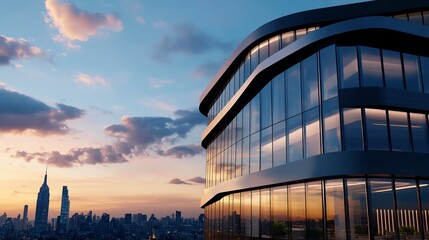 Grand corporate headquarters, sophisticated glass exterior, city backdrop, 3D illustration