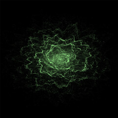 Vector digital technology wave. Dark cyberspace with green motion dots. Explosion of a wave of particles in a flow. Futuristic digital background. Big data analytics.