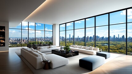 Luxurious minimalist living room with floortoceiling windows, neutral tones, and sleek furniture, modern interior design aesthetics