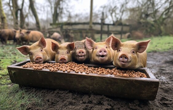 There are numerous pigs that are really hungry, pushing around the trough while waving their tails and consuming their meal.