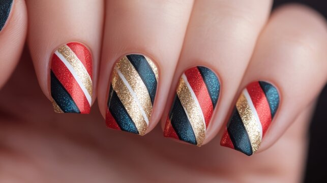 Vibrant and Trendy Diagonal Nail Art Design with Colorful Metallic Striped Patterns for Modern Fashion and Beauty