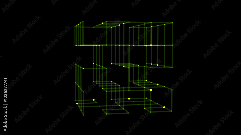 Poster Vector futuristic space green cube. Network connection structure cyberspace with moving particles in closed room. Big data visualization. Abstract cyber security background.