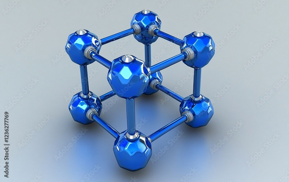 Poster Abstract 3D rendering of a blue metallic cube-shaped molecular structure.