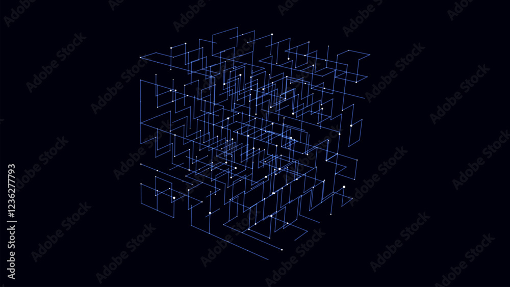 Poster vector futuristic space blue cube. network connection structure cyberspace with moving particles in 