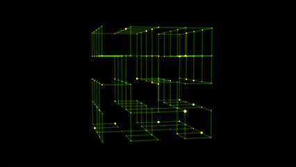 Vector futuristic space green cube. Network connection structure cyberspace with moving particles in closed room. Big data visualization. Abstract cyber security background.