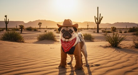 Cute Pug in Cowboy Costume Desert Sunset Photo