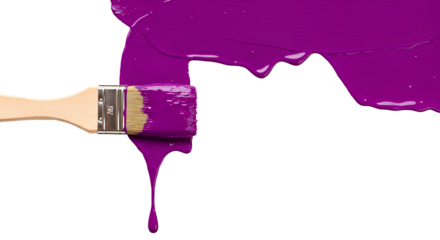 Paintbrush and purple paint splatter PNG. Paintbrush coated with purple paint splatters around it, perfect for art projects, creative designs, or wall painting advertisements. Purple paint on brush
