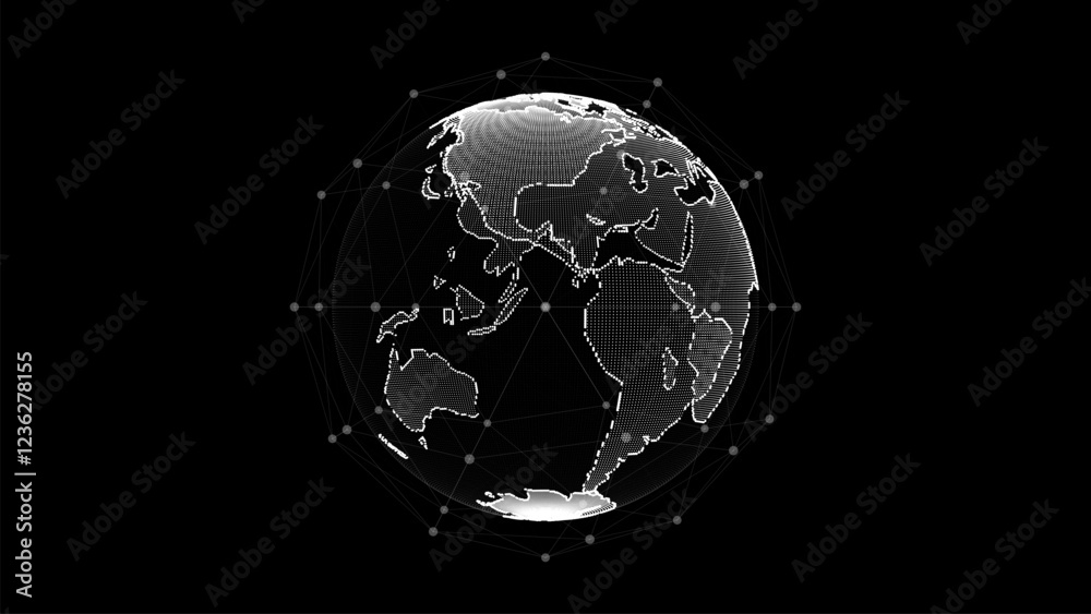 Poster Virtual vector planet Earth with data connection network. Technological digital globe world background. Abstract sphere with particles and lines. Security artificial intelligence of the planet.