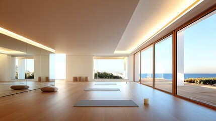 Fototapeta premium Home yoga studio with floortoceiling mirrors, soft lighting, and minimalist zen decor, peaceful and modern