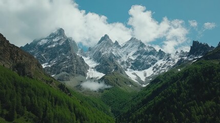 Fototapeta premium Majestic snow-capped mountains, valley, clouds, summer, nature, travel, landscape, scenic, poster