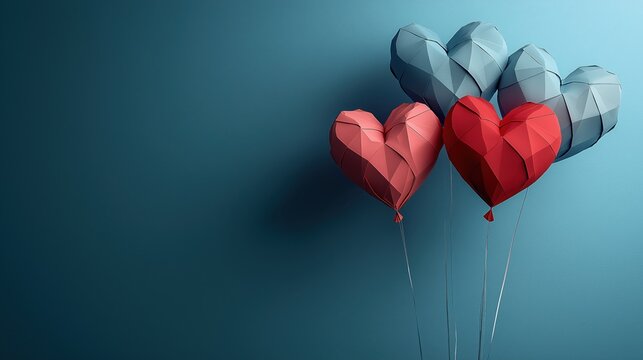 Geometric heart-shaped balloons with origami texture on blue background