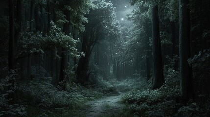 Obraz premium Moonlit forest path, snowy ground, magical glow, game background