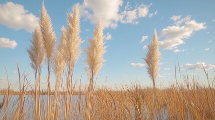 Obraz premium Pampas grass by lake, sunny day, clouds. Nature background, website banner