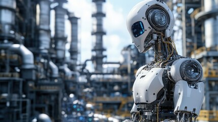 Fototapeta premium Advanced humanoid robot standing contemplatively before an industrial plant futuristic scene