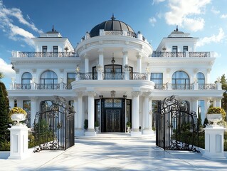 Obraz premium Opulent Europeanstyle mansion, intricate details, royal gates, 3D illustration