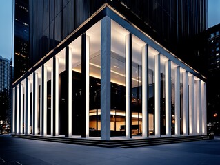 Prestigious bank headquarters with sleek marble facade, illuminated signage, and neoclassical influence
