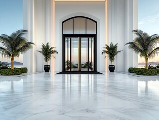 Private luxury club exterior, VIP entrance, golden accents, highend design, 3D illustration