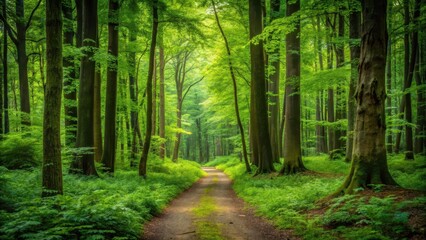 Fototapeta premium path through dense green forest, wilderness path, forest floor
