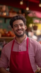 Fototapeta premium A cheerful waiter wearing a red shirt and red apron is seen smiling at the camera while dancing to freestyle music.