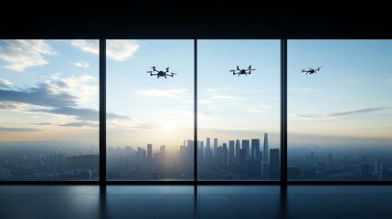 Naklejka premium Office window, downtown skyline and flying drones, 3D illustration