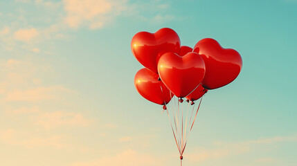 Fototapeta premium Heart-shaped balloons float against a clear sky, symbolizing love and celebration during a joyful event